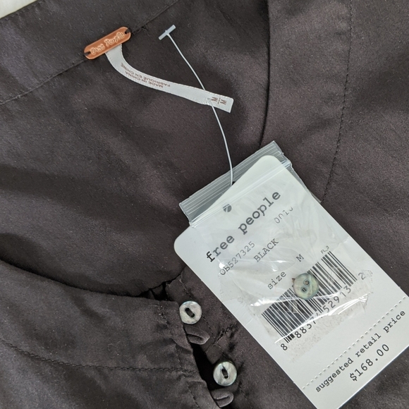 Free People Silk Blouse Button Front Long Sleeve Shirred Oversized Black M NWT - Picture 8 of 8